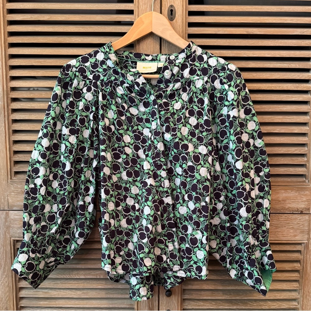 MAEVE Anthropologie Black and Green Cherry Patterned Blouse